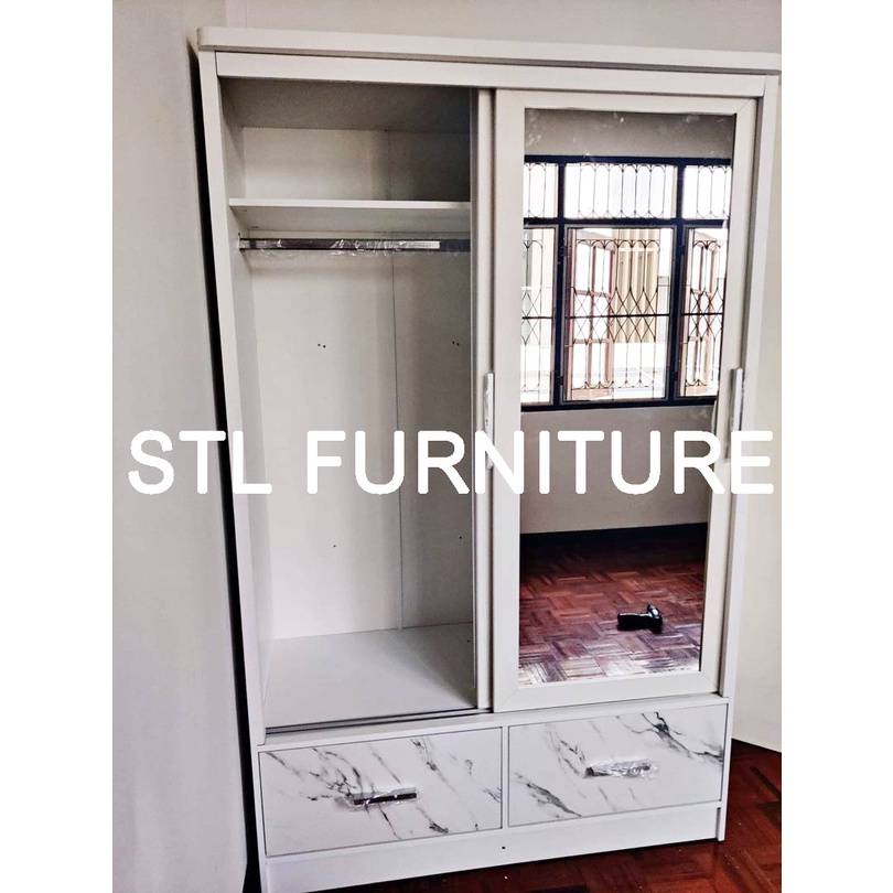 ตู้เสื้อผ้าบานเลื่อนสีขาว ลิ้นชักลายหินอ่อน