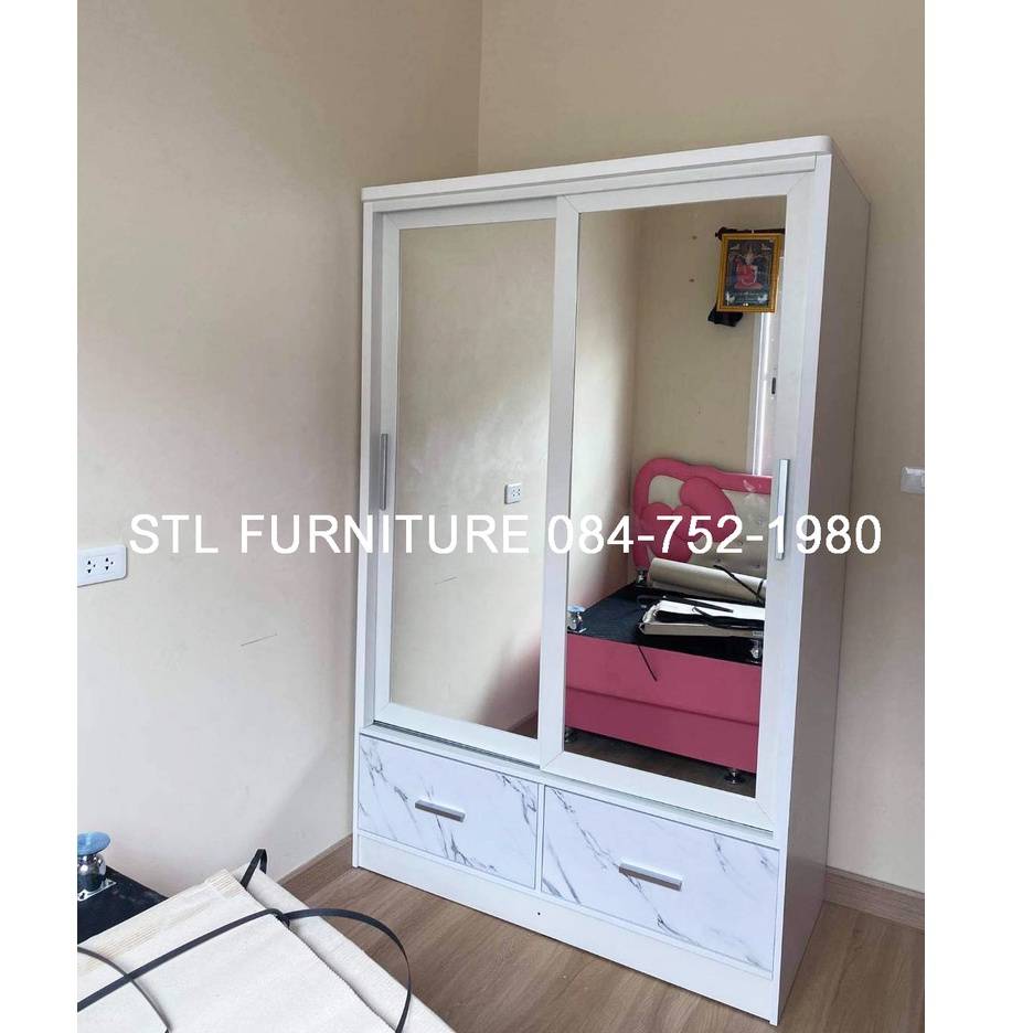 ตู้เสื้อผ้า 4 ฟุต บานเลื่อน สีขาวตัดหินอ่อนหน้าลิ้นชัก กระจกเงาสองบานเต็ม