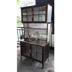 ตู้มีอ่างต่อบน โครงเหล็ก สีชา 100 cm มีก็อก