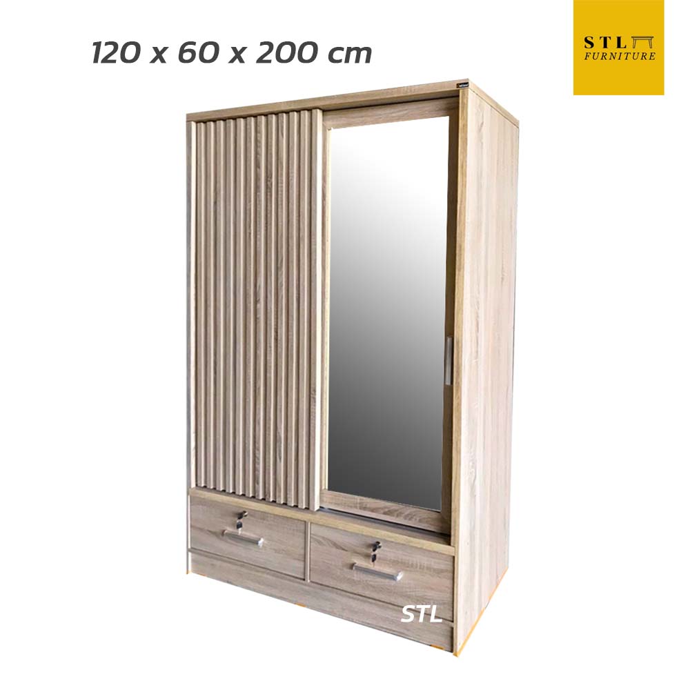 ตู้เสื้อผ้าบานเลื่อนระแนง รุ่นกระจกข้าง