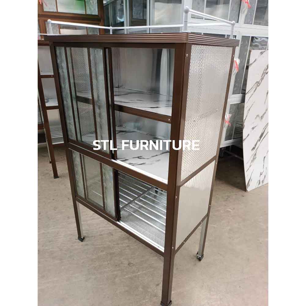 ตู้กับข้าว 2.5 ฟุต 4 ประตู บานเลื่อน สีชา