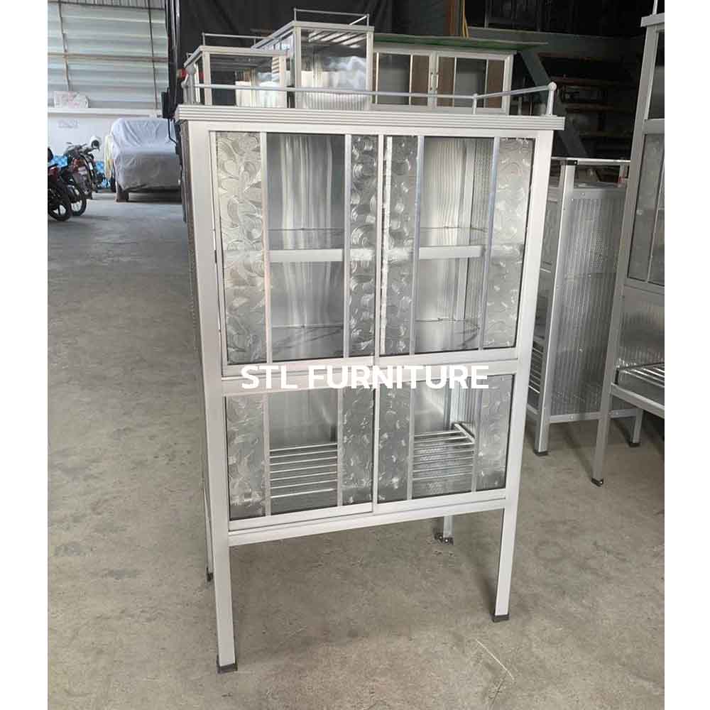 ตู้กับข้าว 2.5 ฟุต 4 ประตู บานเลื่อน สีชา สีเงิน