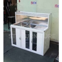 ตู้ซิงค์โครงอลูมิเนียม 2 หลุม พร้อมที่ใส่ถังแก๊ส สีอบขาว ด้านข้าง