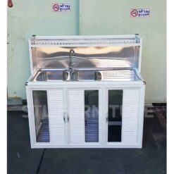 ตู้ซิงค์โครงอลูมิเนียม 2 หลุม พร้อมที่ใส่ถังแก๊ส สีอบขาว ด้านหน้า