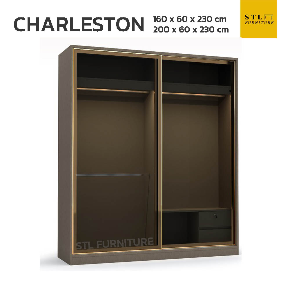 ตู้เสื้อผ้า chaeleston 160 cm 200 cm บานเลื่อน ประตูกระจกสีชาดำ