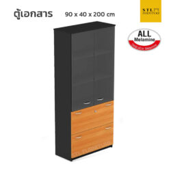 ตู้ใส่แฟ้มเอกสาร 5 ชั้น บนบานเปิดกระจก ล่าง 2 ลิ้นชัก เมลามีนทั้งใบ