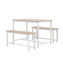 ชุดโต๊ะอาหาร ม้านั่งยาว เหล็กสีขาว ไม้สีอ่อน