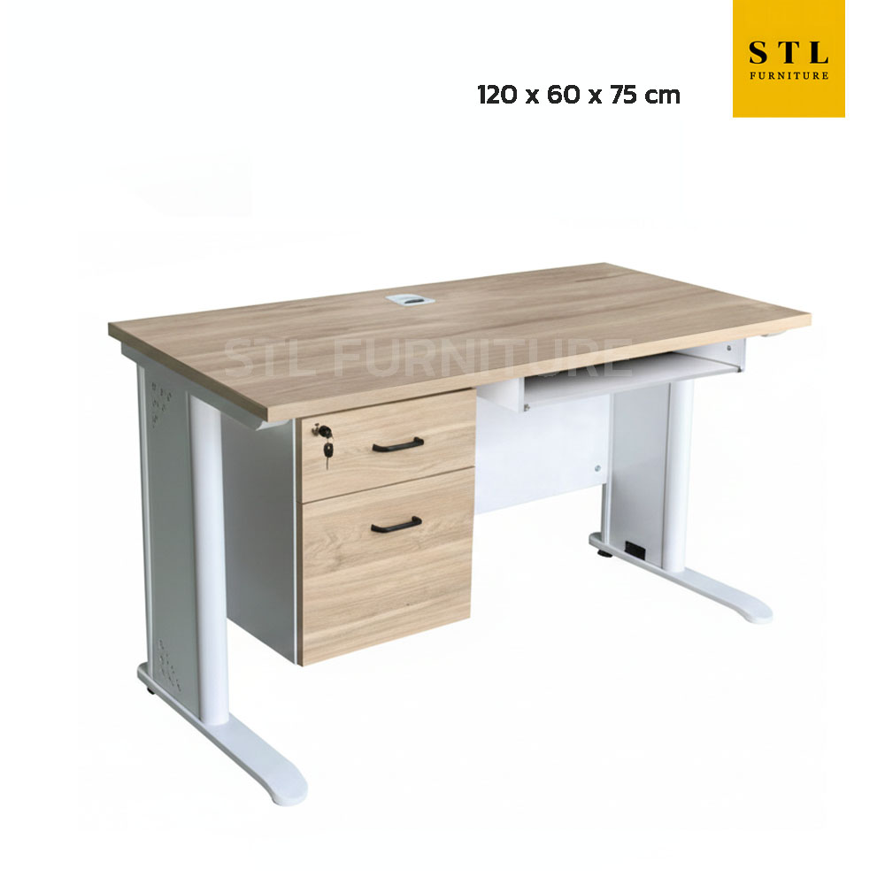 โต๊ะทำงานขาเหล็กสีขาว ท็อปสีอ่อน 120 cm มีตู้ลิ้นชัก ช่องเก็บของ